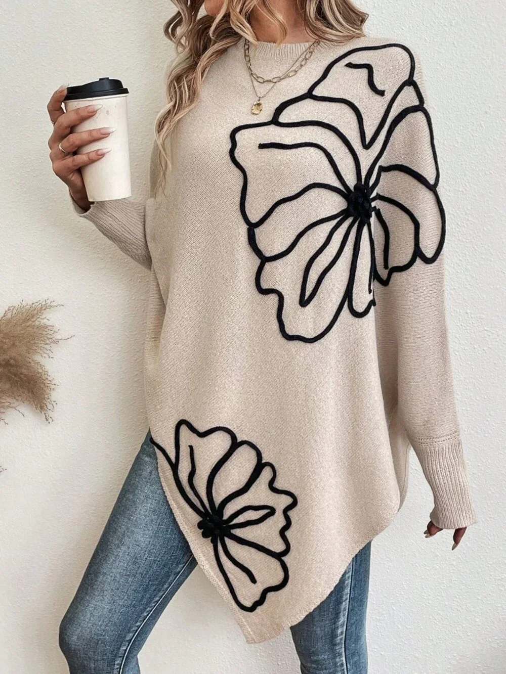 Apricot Casual Women's Floral Pattern Batwing Sleeve Asymmetrical Hem Sweater